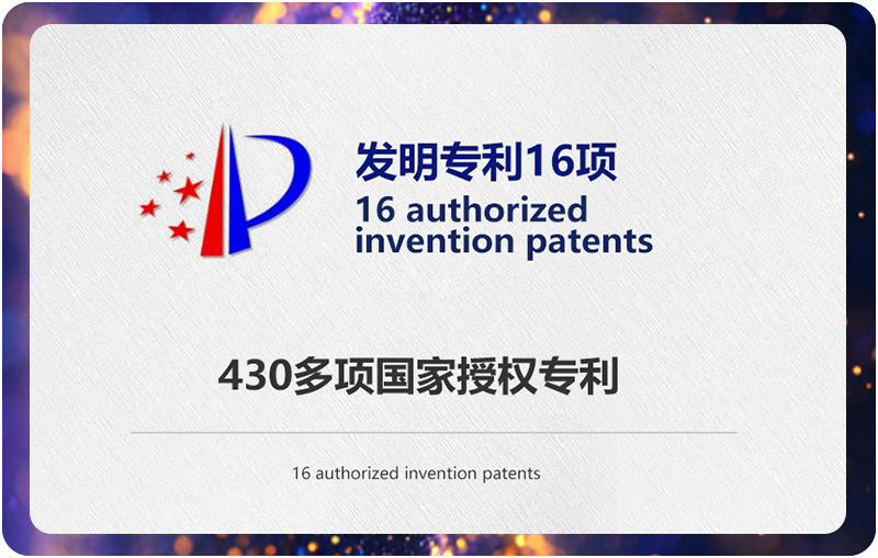 自主研发的产品已获得430多项国家授权专利，其中发明专利16项